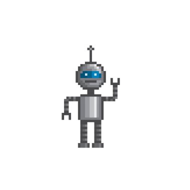 Robot! Yapay Zeka İlişkili. Android, İnsanımsı Robot, Düşünme Makinesi. Logo, çıkartma, ağ ve mobil uygulama için tasarım. Piksel sanatı. Eski bilgisayar grafikleri. 8 bit video oyunu. Oyun varlıkları.