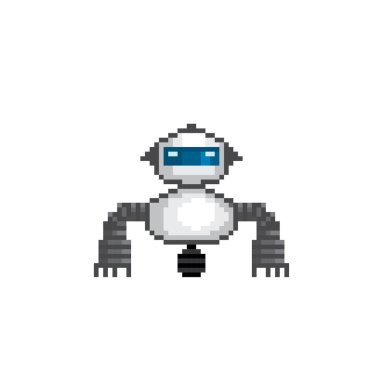 Robot! Yapay Zeka İlişkili. Android, İnsanımsı Robot, Düşünme Makinesi. Logo, çıkartma, ağ ve mobil uygulama için tasarım. Piksel sanatı. Eski bilgisayar grafikleri. 8 bit video oyunu. Oyun varlıkları.