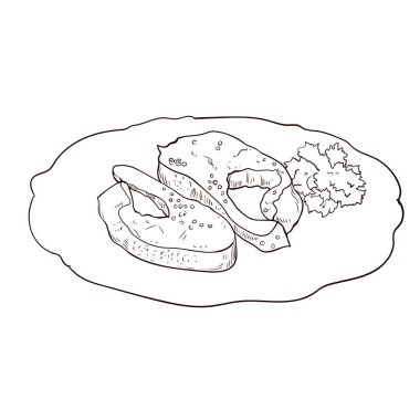 Alabalık bifteği. Kızarmış alabalık. Soslu alabalık. El çizimi vektör illüstrasyonu. 