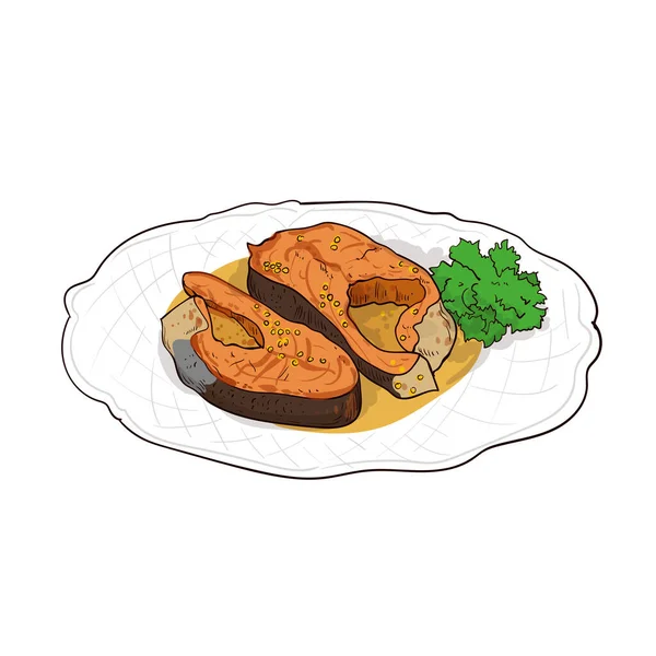 Filetes Trucha Trucha Frita Trucha Con Salsa Ilustración Vectorial Dibujada — Archivo Imágenes Vectoriales