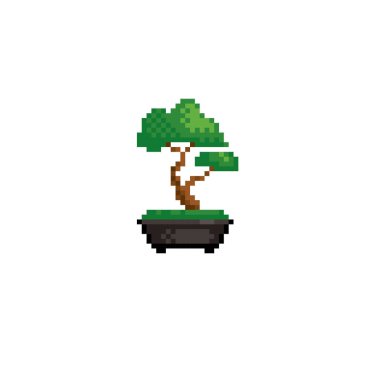 Bonsai ağacı piksel resim ikonu. Logo, çıkartma, ağ, nakış ve mobil uygulama için element tasarımı. İzole vektör çizimi. 8-bit peri..
