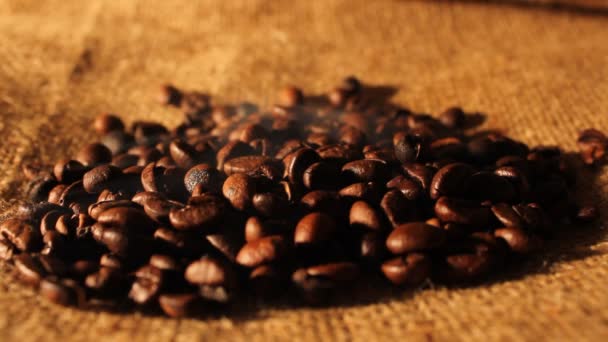 Selected aromatic coffee beans on sackcloth with smoke — Stock Video