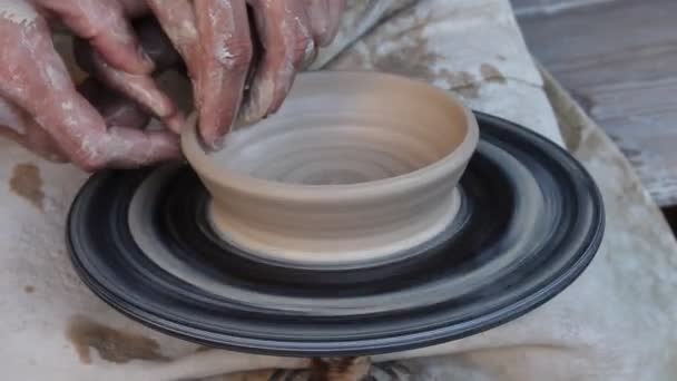 Potter with a young assistant make a bowl out of clay — Stock Video