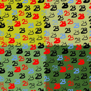 23 Şubat. 23 Şubat 'ta tercüme edildi. Yeşil zemin üzerinde kırmızı, siyah ve mavi yıldızların kusursuz deseni. Anavatan Gününün Koruyucusu.