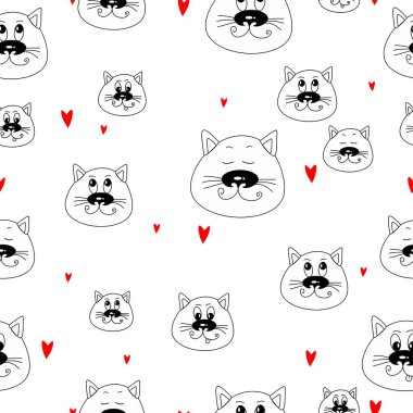 Çizgi film kedisi yüzlü ve küçük kırmızı kalpli dekoratif kusursuz vektör deseni