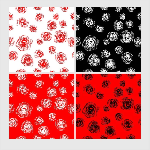 抽象的なヴィンテージのバラ 手描きのライン 4つのシームレスな2トーンパターンのセット 赤白黒 — ストックベクタ