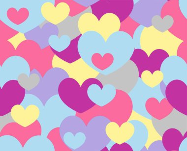 Çok renkli kalpler kaotik bir sırayla dizilmiştir. Kalplerin pastel renklerdeki kusursuz arkaplanı. farklı boyutlarda pek çok kalp. Sevgililer Günü için desen