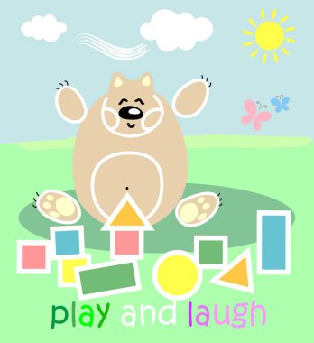 Ayı yavrusu oynuyor. Teddy piramitlerden bir ev inşa ediyor. Pastel renklerde çocuk resimleri. Çocuk kitapları dergileri için vektör illüstrasyonu.