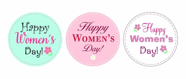 3月8日のラウンドステッカー幸せな女性の日女の子のためのお祝い 国際女性デー 3つの要素からなります ベクトルパステルカラー ピンクターコイズホワイトのタグ — ストックベクタ