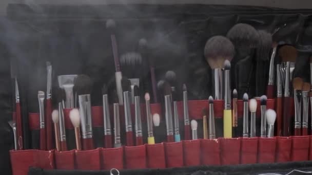 Pincéis Maquiagem Mentira Uma Fileira Close — Vídeo de Stock