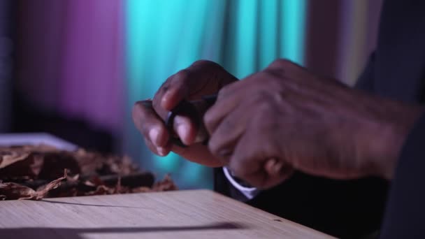 Afrikaner Röker Cigarr Från Ett Löv Med Händerna — Stockvideo