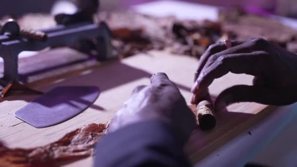 Afrikaner Raucht Mit Den Händen Eine Zigarre Aus Einem Blatt — Stockvideo