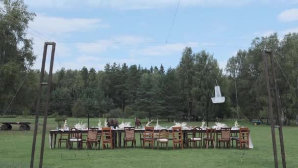 Outdoor Chandelier Decor Green Grass Forest Backdrop Wedding Reception — Stock Video