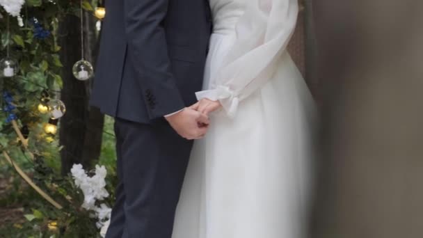 Hands Newlyweds Hold Each Other Tightly — Stock Video