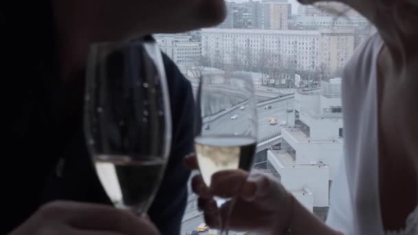 Man Woman Sit Each Other Check Glasses Backdrop City Height — Stock Video