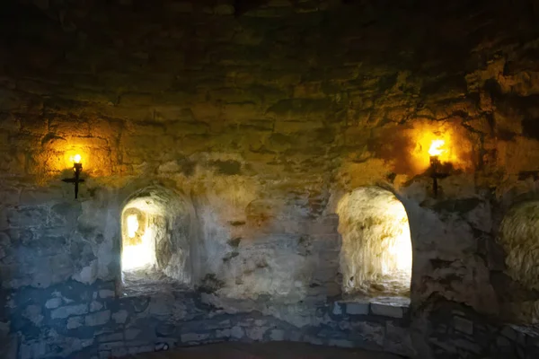 Kelder Tunnel Van Het Oude Kasteel Stenen Muren Van Gevangenis — Stockfoto
