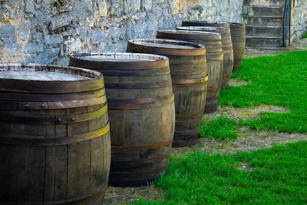 Wein Und Cognac Eichenfässer Mit Metallreifen — Stockfoto