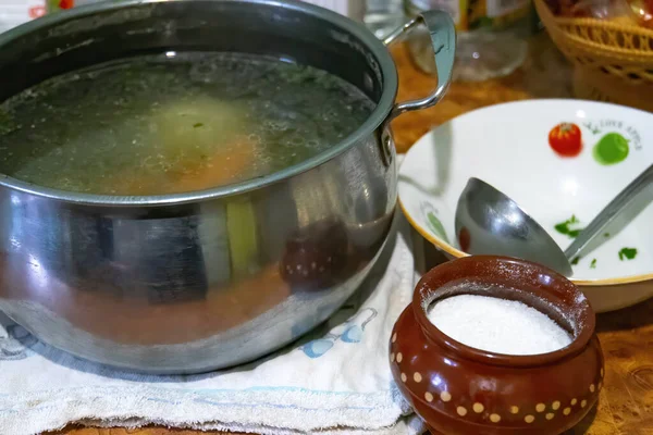 Fresh Vegetable Soup Pan Table — Stock Photo, Image