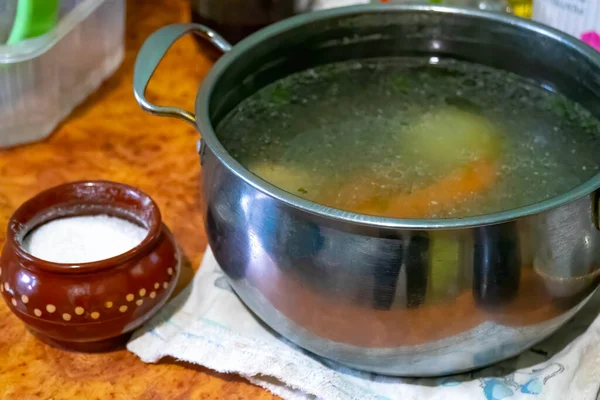 Fresh Vegetable Soup Pan Table — Stock Photo, Image