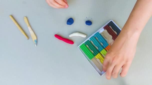 一组在白色背景上隔离的彩色塑料棒 儿童游戏和创造力彩虹造型泥巴 — 图库视频影像