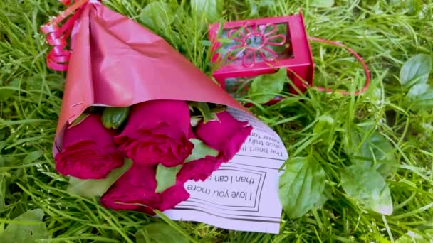 Beautiful Red Rose Bouquet Noble Red Roses Bright Bokeh — Stock Video