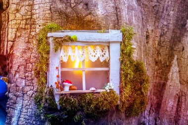 Büyülü elf ya da cüce evinin büyülü pencereli bir peri masalı ormanı. 