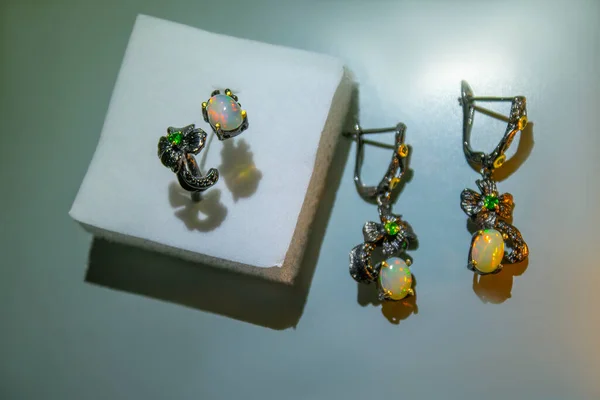 Ασημένια Δαχτυλίδια Και Σκουλαρίκια Ελαφρύ Φόντο Πάνω Όψη Γυναικεία Κοσμήματα — Φωτογραφία Αρχείου