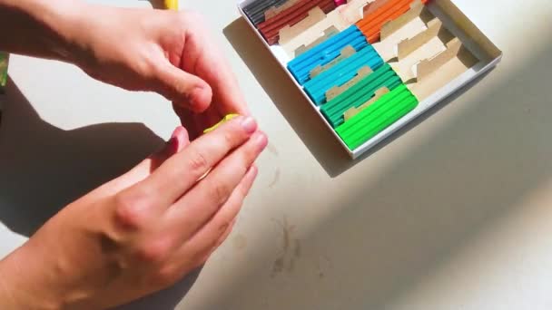 白い背景に隔離されたカラフルなプラスチック棒のセット 子供の遊びと創造性のためのレインボーモデリング粘土作品 — ストック動画