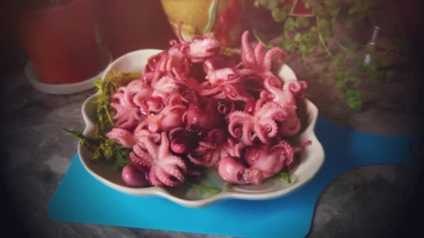 Little Octopuses Plate Table Seafood — Wideo stockowe