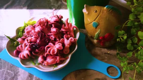Little Octopuses Plate Table Seafood — Vídeo de stock