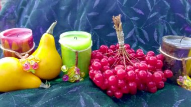 Renkli yapraklı balkabağı ve viburnum meyveleri. Balkabağı, sebze, meyve ve böğürtlen hasadı konsepti.