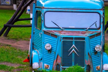 Moldova, Kishinev- June 29 2022: front of old turquoise blue vintage Citroen type H van
