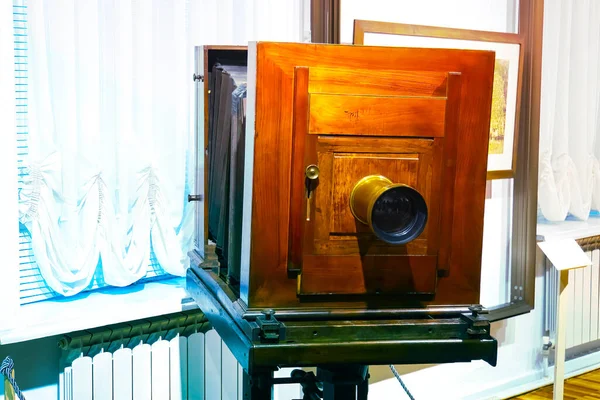 closeup vintage wooden camera in the room