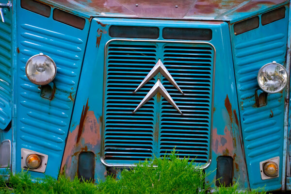 Moldova, Kishinev- June 29 2022: front of old turquoise blue vintage Citroen type H van