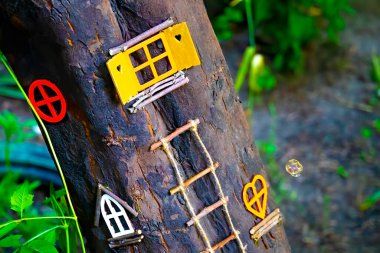 Büyülü elf ya da cüce evinin büyülü pencereli bir peri masalı ormanı. 