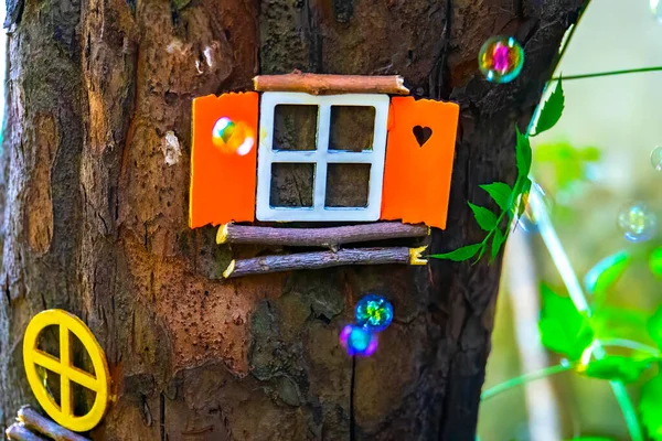 Fantasia Floresta Conto Fadas Com Janela Brilhante Mágico Elfo Encantado — Fotografia de Stock