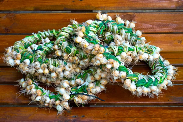 Closeup Garlic Wreaths Rich Harvest Agriculture Farming — Stock Photo, Image