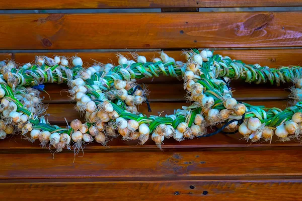 closeup Garlic wreaths. Rich harvest. Agriculture and farming.