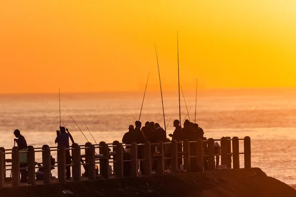 Fishing Fishermen Pier Ocean Sunrise — Stock Photo, Image