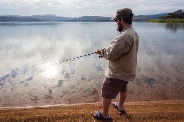 Fisherman Bass Fishing Dam — Stock Photo, Image