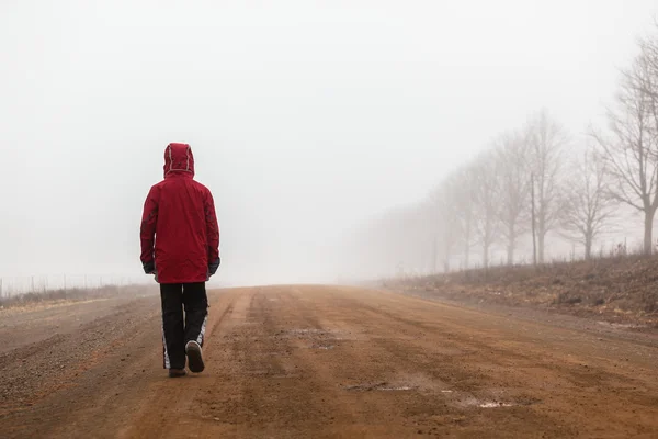 Tonåring gå vägen dimma — Stockfoto