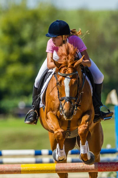 Ecuestre chica caballo salto competencia — Foto de Stock