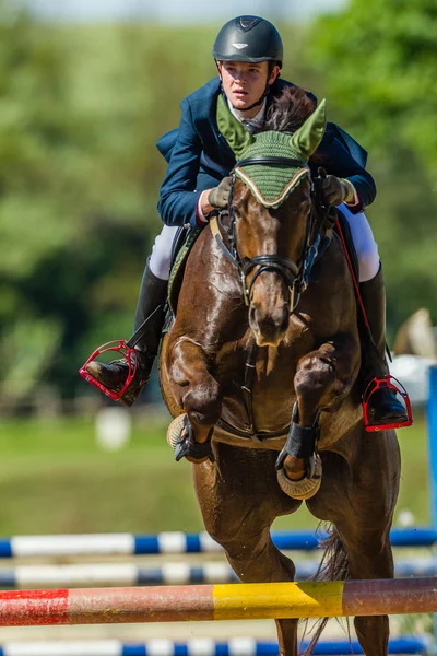 Ryttaren rider häst hoppning konkurrens — Stockfoto