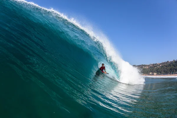 Surfing Body-Boarder Rides Blue Wave Water — 스톡 사진