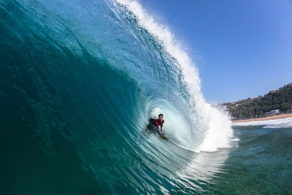 Surfing Body-Boarder Rides Blue Wave Water — 스톡 사진