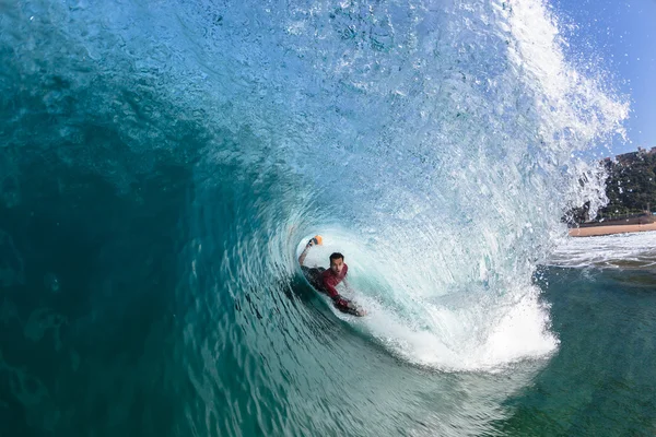 Surfing Body-Boarder Rides Blue Wave Water — 스톡 사진