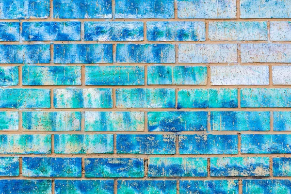 Wall Closeup Clay Bricks Plaster Painted Assorted Blue Colors Abstract — Photo