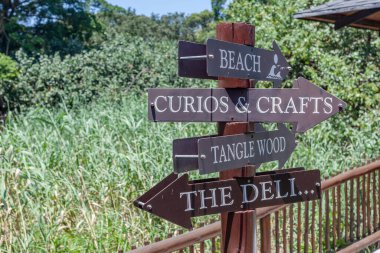 Public arrow direction word signs to beach, curios, crafts, deli, stack on wood pole a closeup photo .
