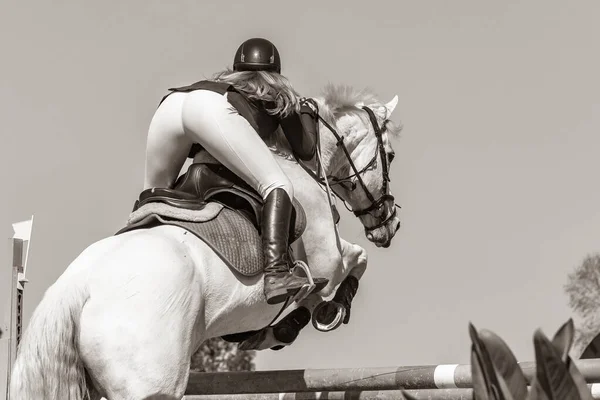 Cavalo Menina Cavaleiro Pulando Pólos Arena Céu Traseiro Atrás Ação — Fotografia de Stock