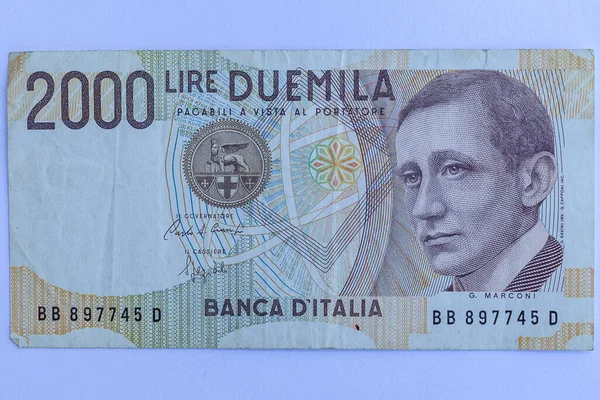 Деньги Италия Две Тысячи Лир Валютной Истории Бумажных Бумажных Банкнот — стоковое фото